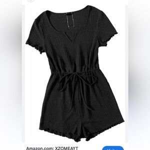 SHEIN LUNE Notched Neck Lettuce Trim Waffle Romper Black